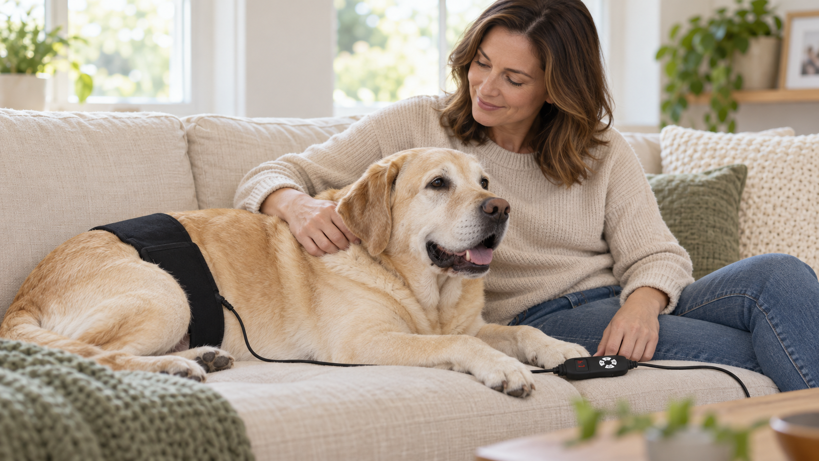 Senior yellow Labrador resting on a cream couch with a black Roamwell wrap around her hip, owner beside her, and the session controller in the foreground