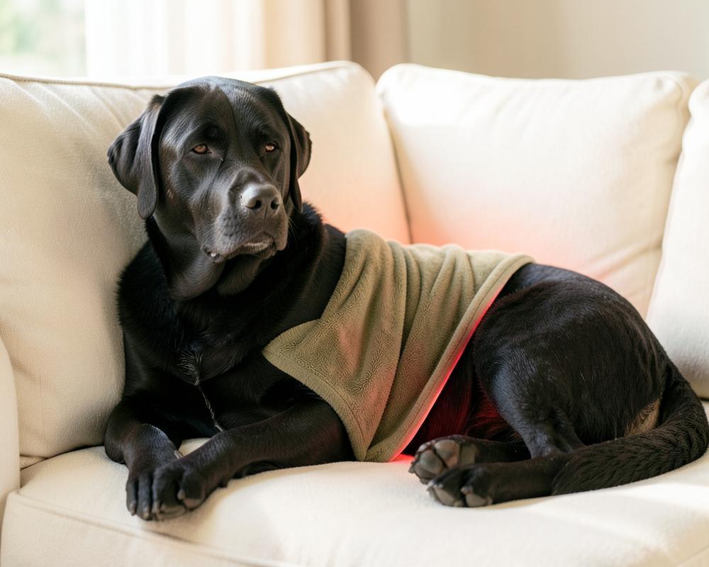 Senior Lab on the couch, wrap on her hip with a soft red glow, owner beside her