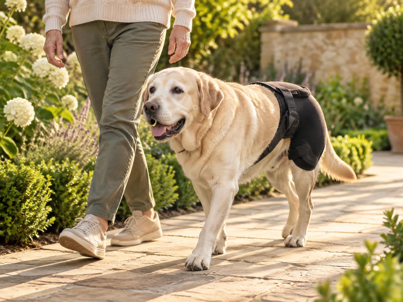 Senior Lab walking outside with the Roamwell wrap fitted over her hip